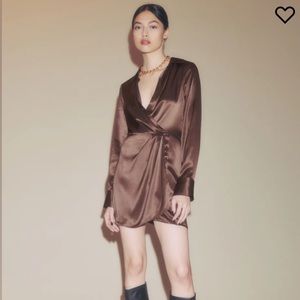 Reformation Brown Satin Wrap Long Sleeve Dress